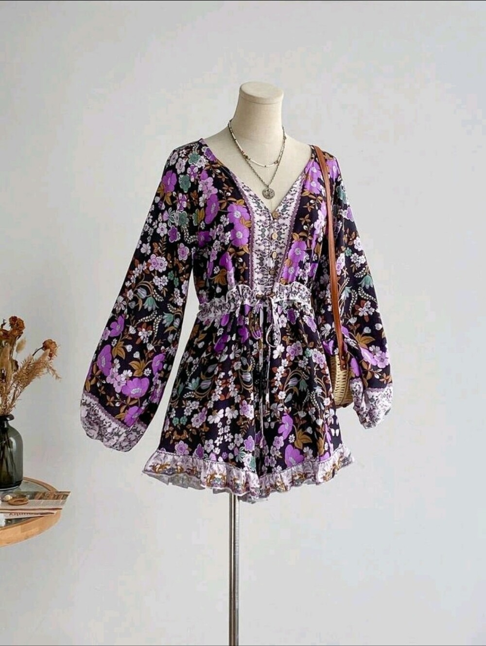 Purple Floral Boho V-Neck Peasant Romper - Picture 9 of 16